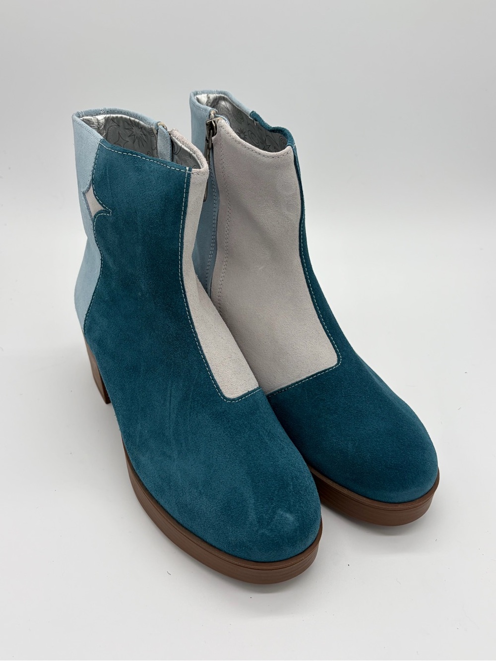 Teal and Light Gray Suede Ankle Boots - Women's Stylish Side-Zip Booties
